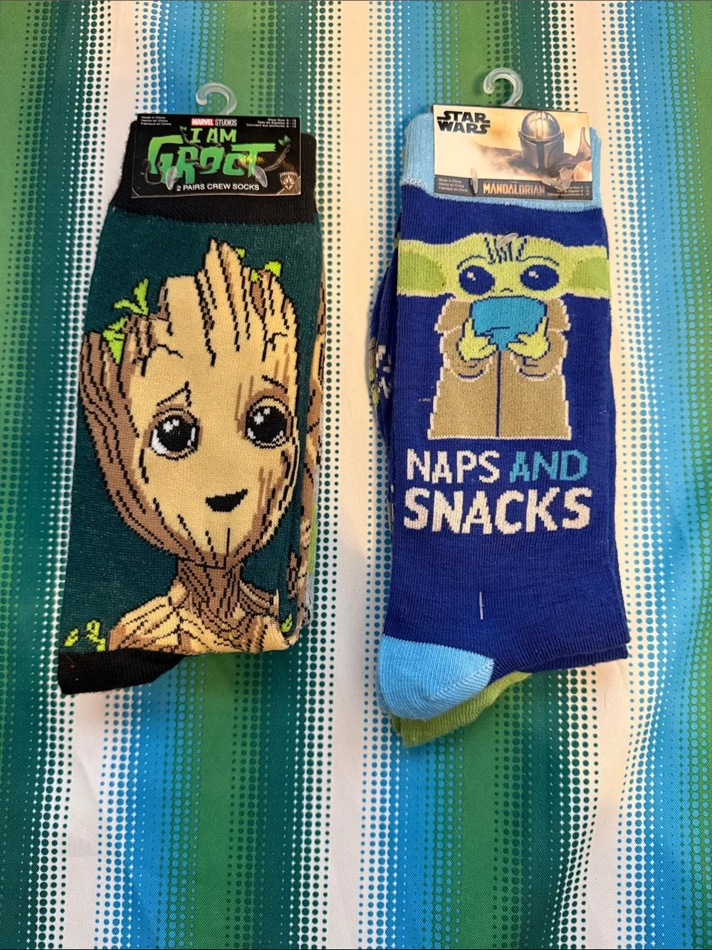 Disney Baby Yoda & Groot Crew Socks - Blue, Green, Tan, Black